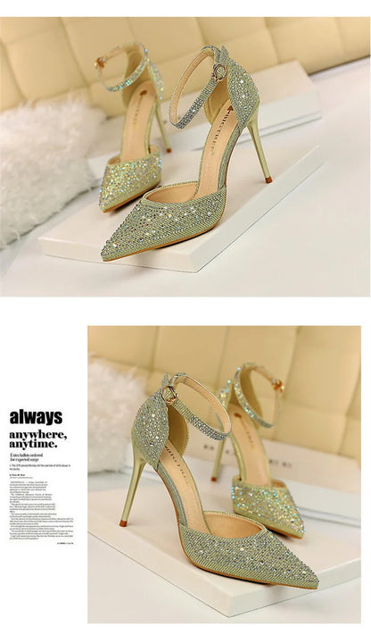 Women High Heel Shoes for Wedding, parties-Korean Version Shiny Rhinestones