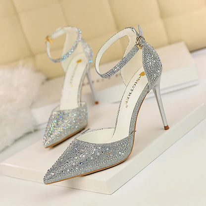 Women High Heel Shoes for Wedding, parties-Korean Version Shiny Rhinestones