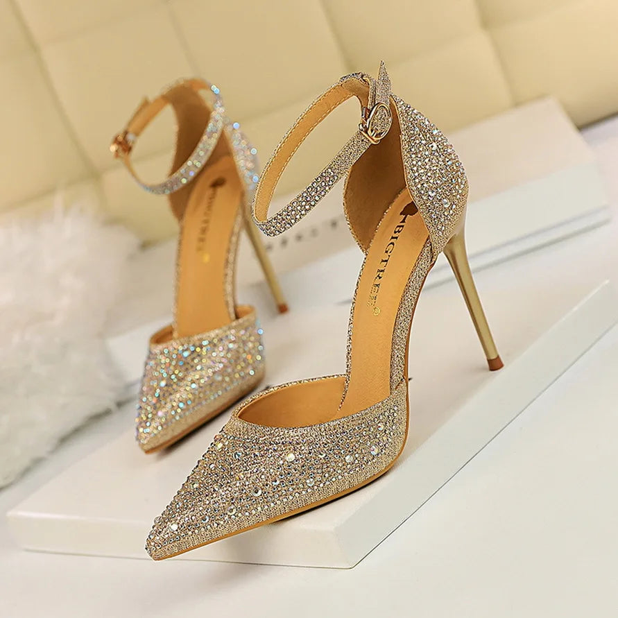 Women High Heel Shoes for Wedding, parties-Korean Version Shiny Rhinestones