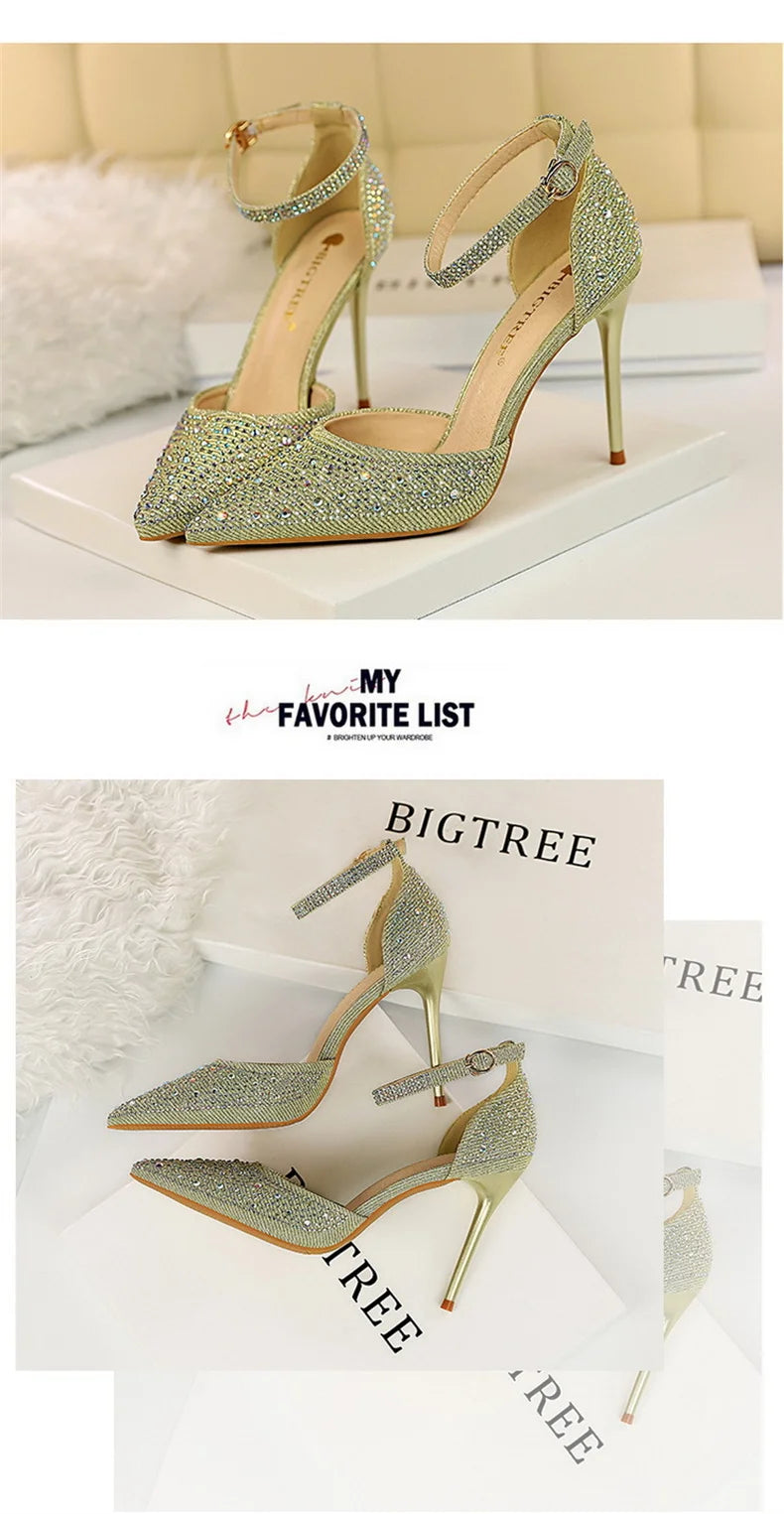 Women High Heel Shoes for Wedding, parties-Korean Version Shiny Rhinestones