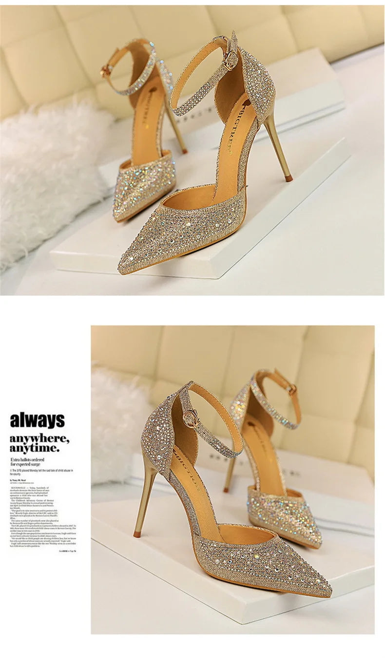 Women High Heel Shoes for Wedding, parties-Korean Version Shiny Rhinestones