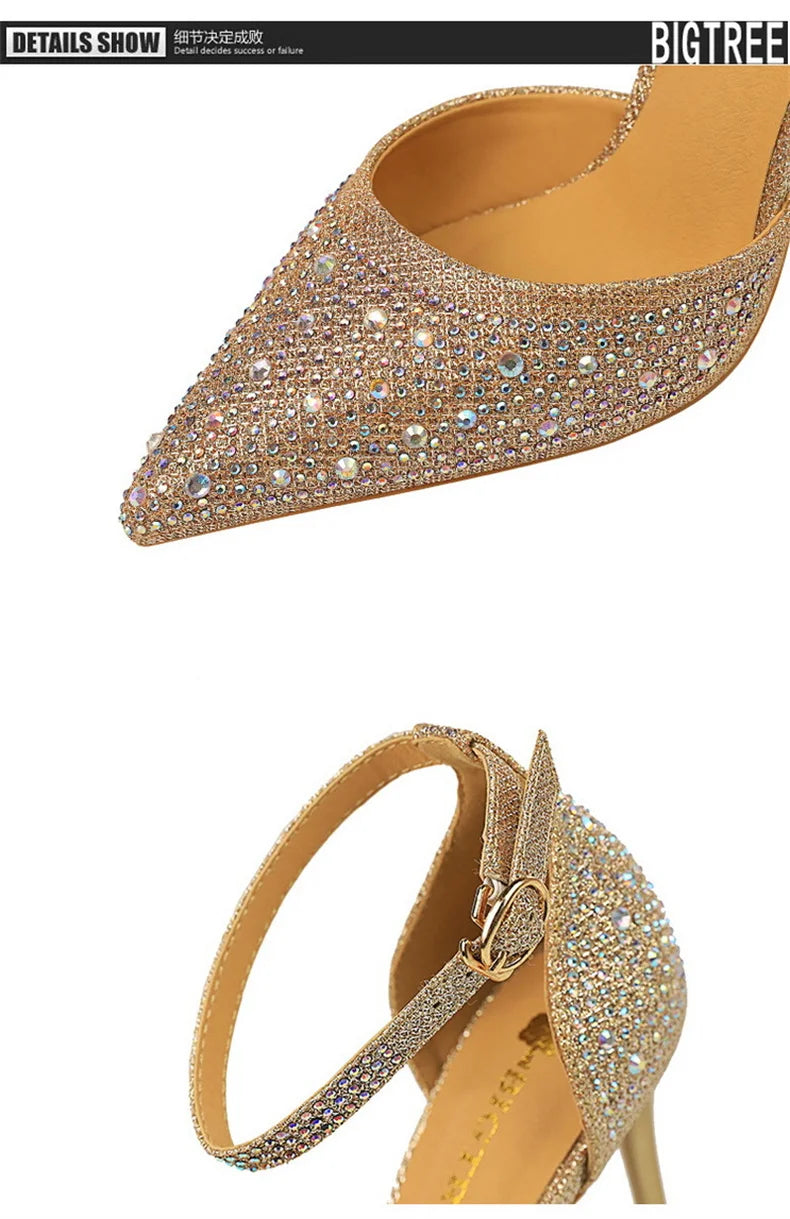 Women High Heel Shoes for Wedding, parties-Korean Version Shiny Rhinestones