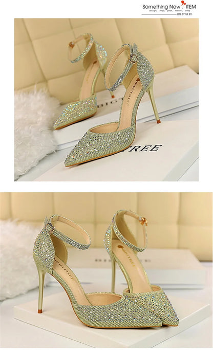 Women High Heel Shoes for Wedding, parties-Korean Version Shiny Rhinestones