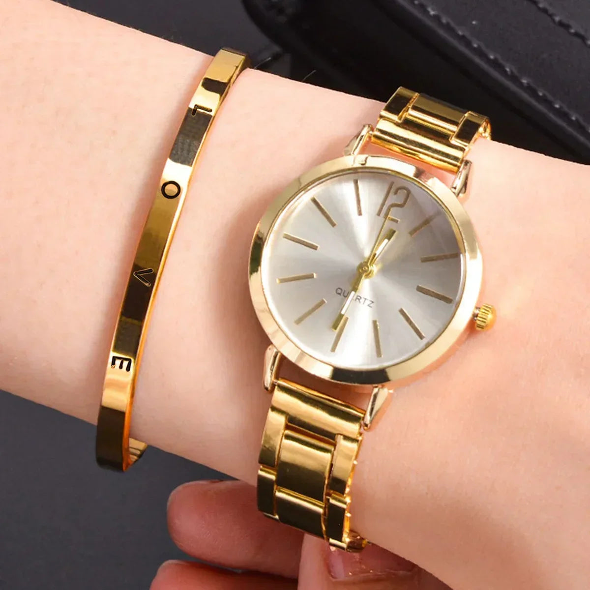 Ladies Fashion Simple Digital Alloy with Quartz Watch Bracelet 2pcs Set Luxury Women Simple Dial Ladies Watches Reloj Mujer