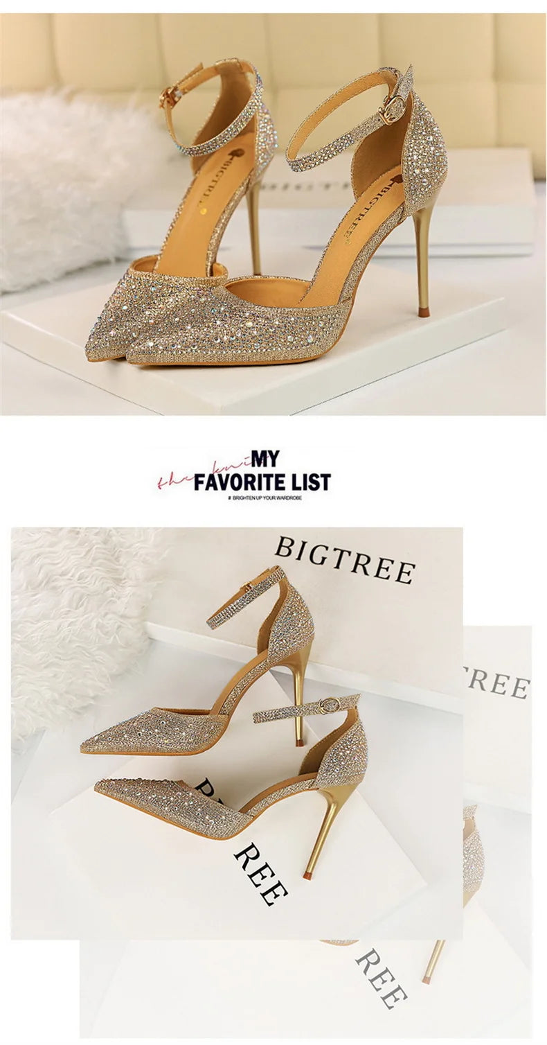 Women High Heel Shoes for Wedding, parties-Korean Version Shiny Rhinestones