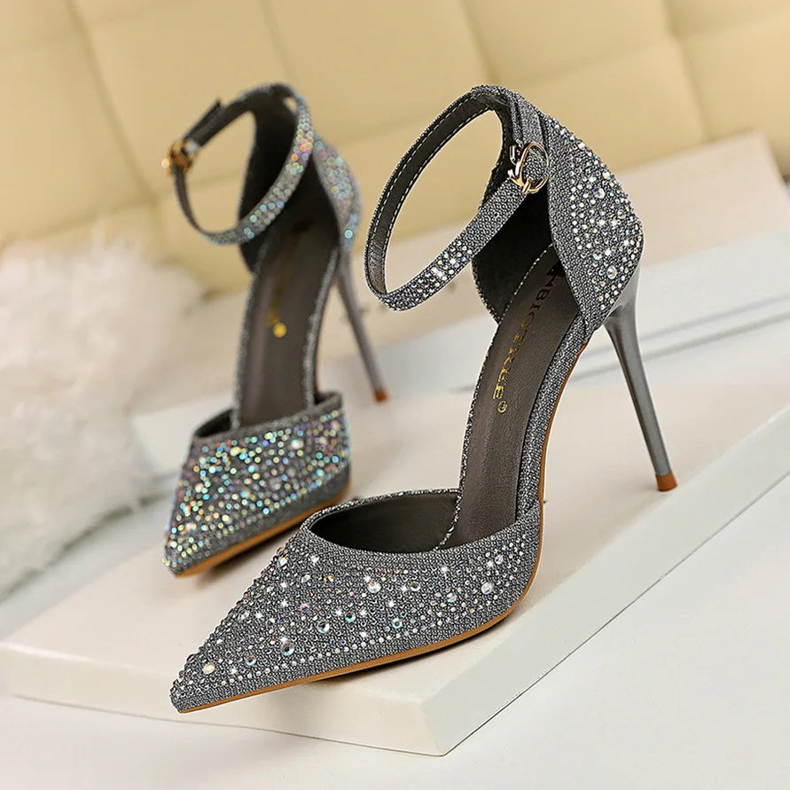 Women High Heel Shoes for Wedding, parties-Korean Version Shiny Rhinestones