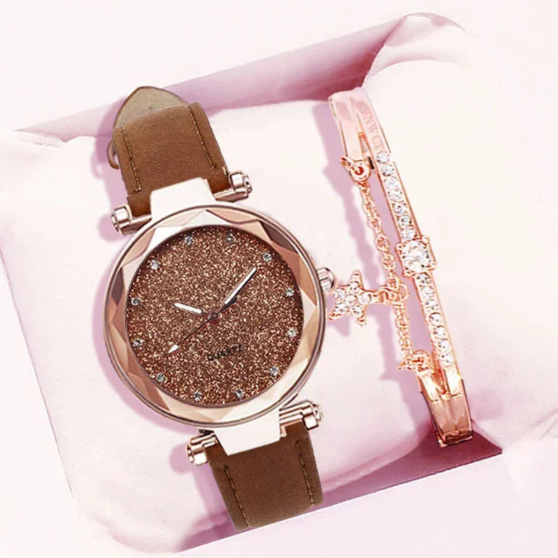 Casual Watches Women Romantic Starry Sky Watch Bracelet Leather Rhinestone Designer Ladies Clock Simple Dress Gfit Montre Femme