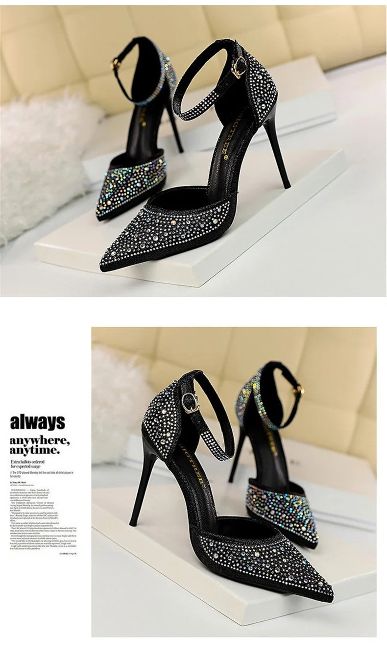 Women High Heel Shoes for Wedding, parties-Korean Version Shiny Rhinestones