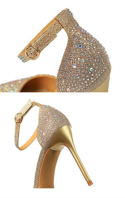 Women High Heel Shoes for Wedding, parties-Korean Version Shiny Rhinestones