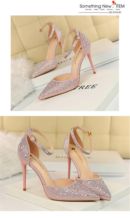 Women High Heel Shoes for Wedding, parties-Korean Version Shiny Rhinestones