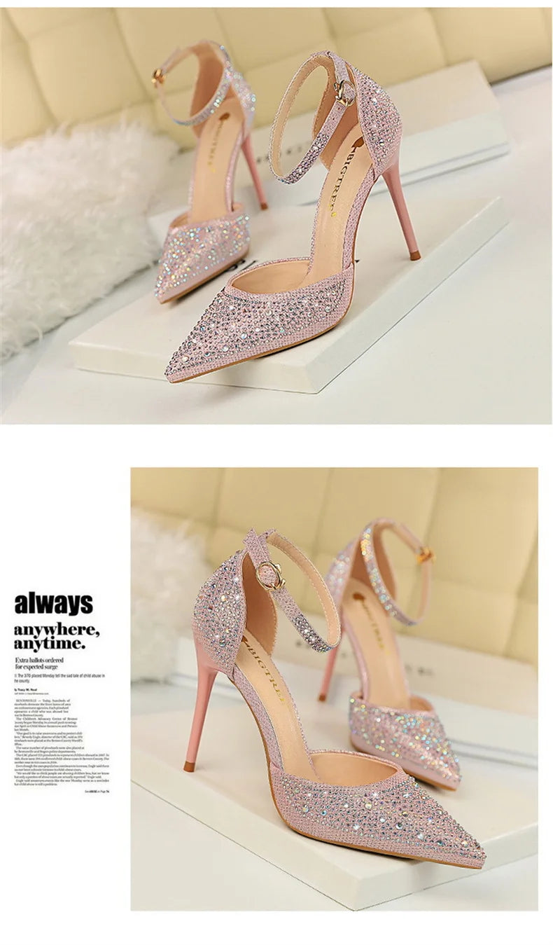 Women High Heel Shoes for Wedding, parties-Korean Version Shiny Rhinestones