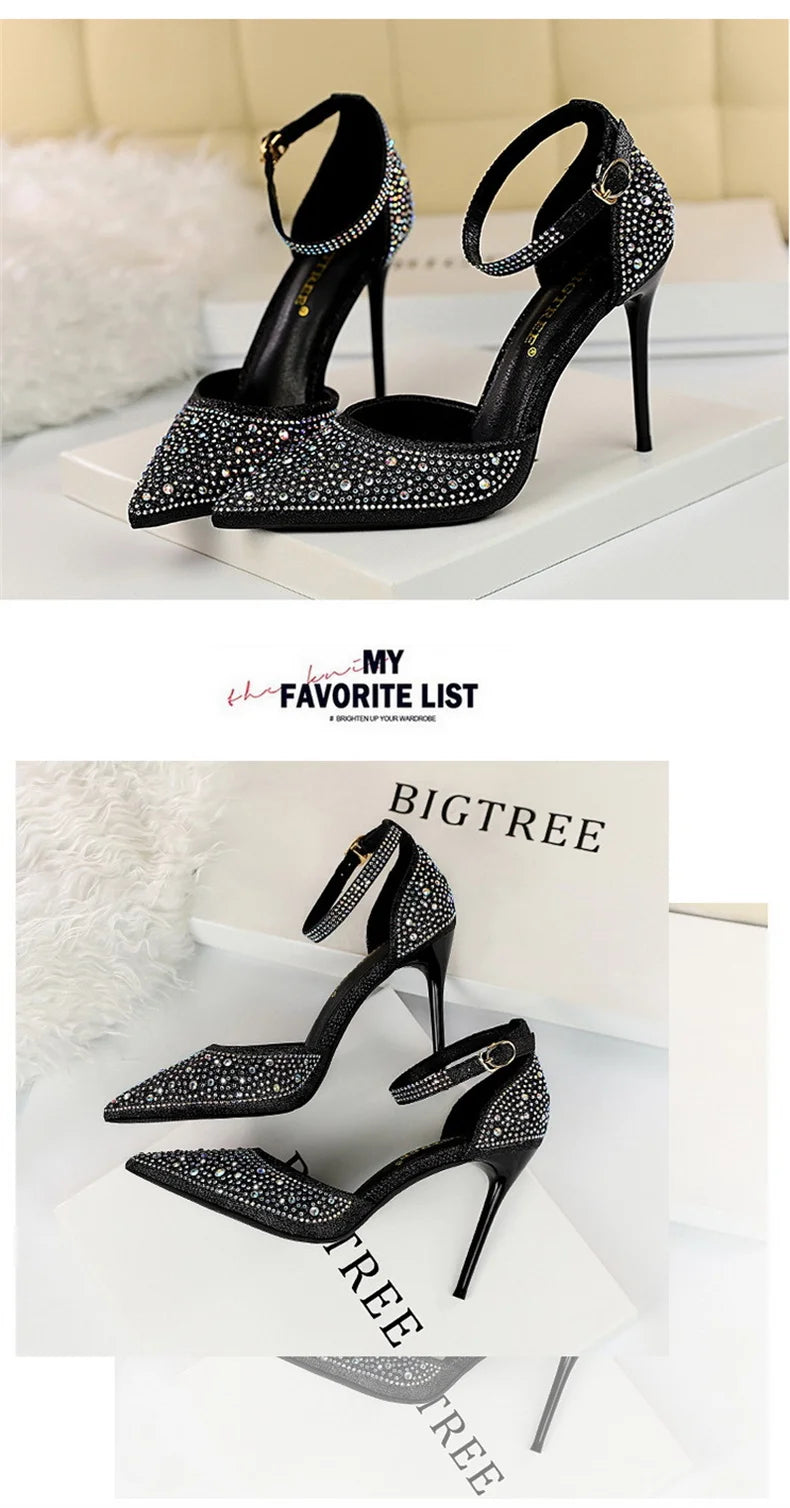 Women High Heel Shoes for Wedding, parties-Korean Version Shiny Rhinestones