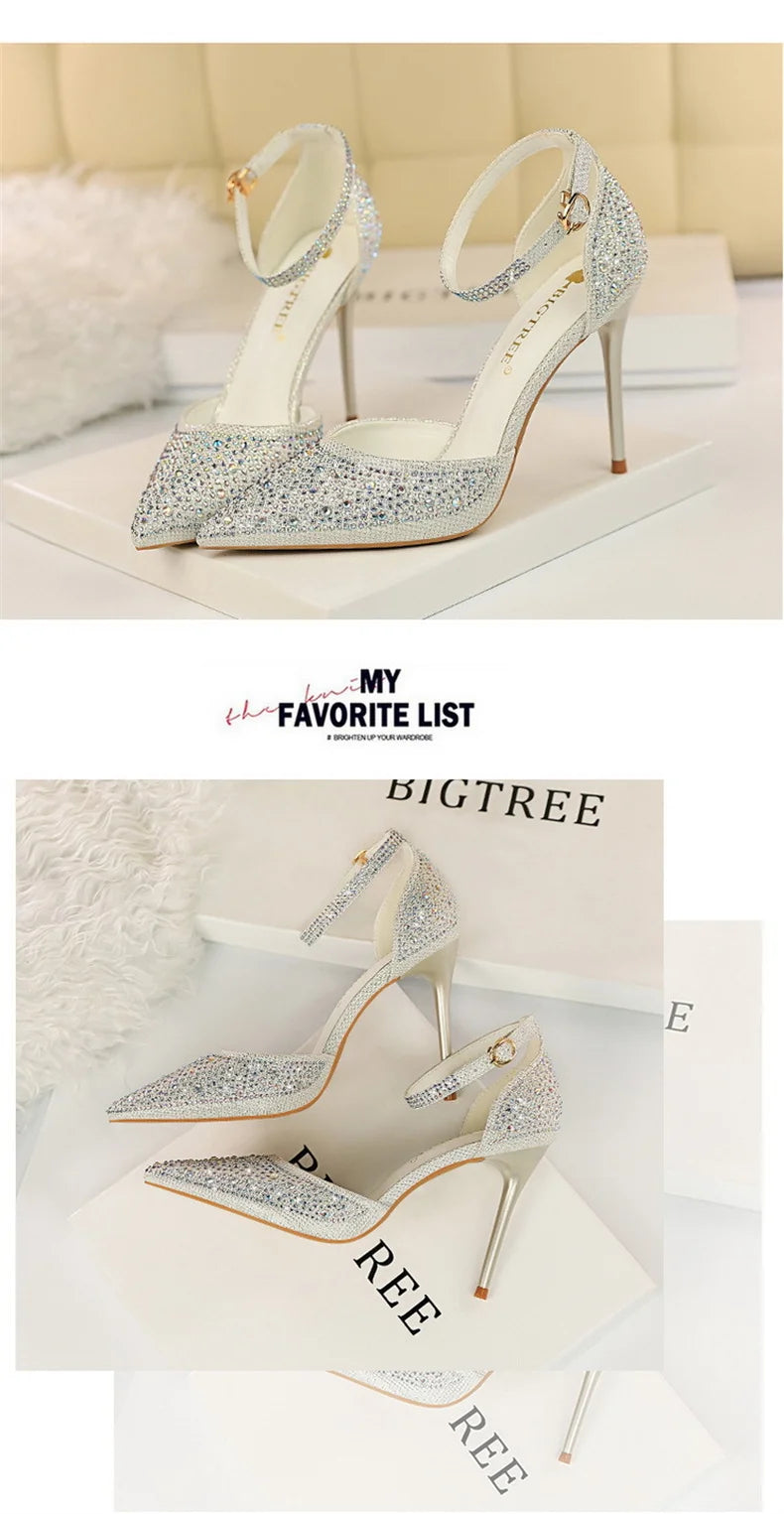 Women High Heel Shoes for Wedding, parties-Korean Version Shiny Rhinestones