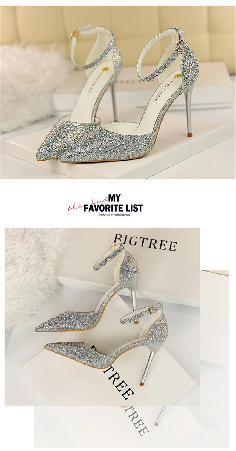 Women High Heel Shoes for Wedding, parties-Korean Version Shiny Rhinestones