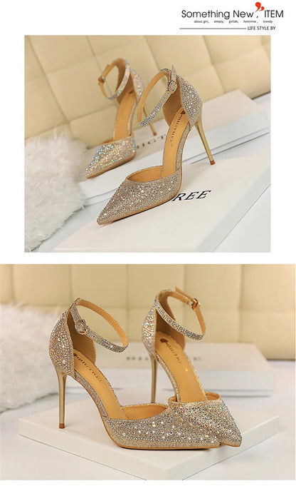 Women High Heel Shoes for Wedding, parties-Korean Version Shiny Rhinestones