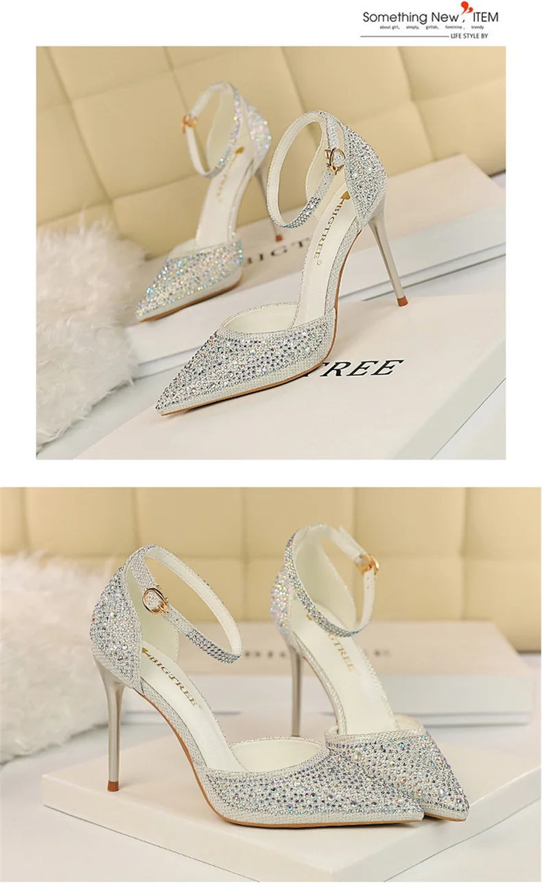 Women High Heel Shoes for Wedding, parties-Korean Version Shiny Rhinestones