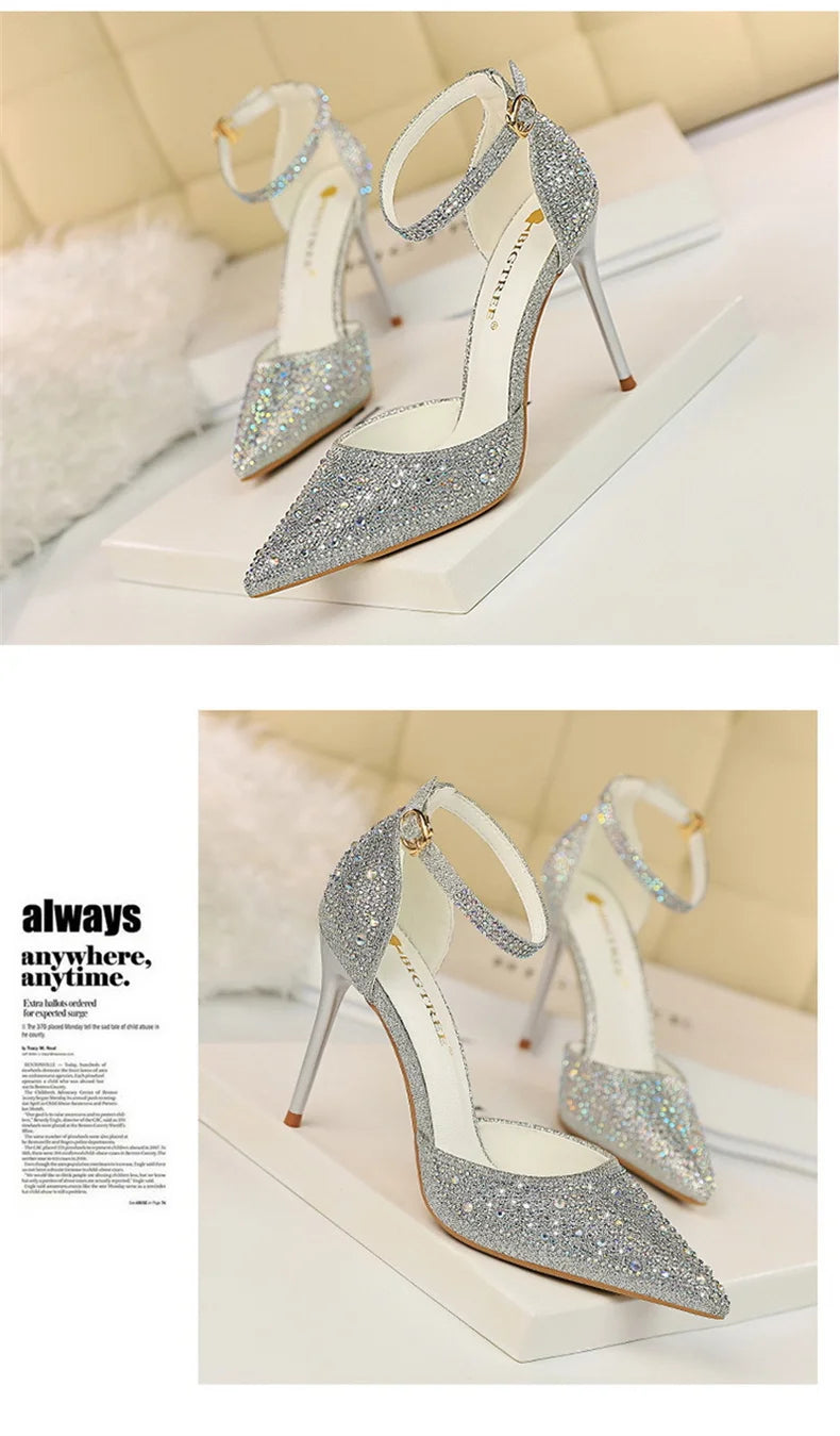 Women High Heel Shoes for Wedding, parties-Korean Version Shiny Rhinestones