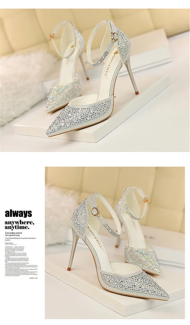 Women High Heel Shoes for Wedding, parties-Korean Version Shiny Rhinestones