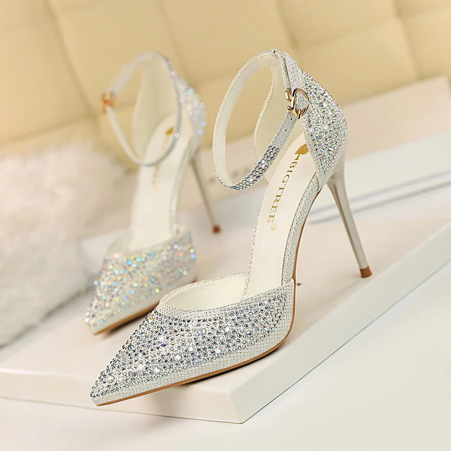 Women High Heel Shoes for Wedding, parties-Korean Version Shiny Rhinestones