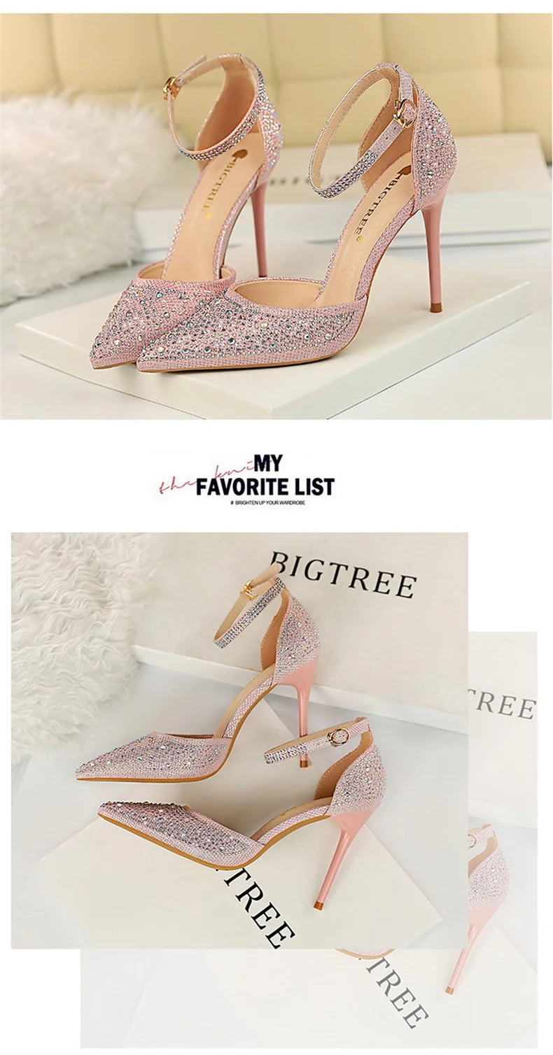 Women High Heel Shoes for Wedding, parties-Korean Version Shiny Rhinestones