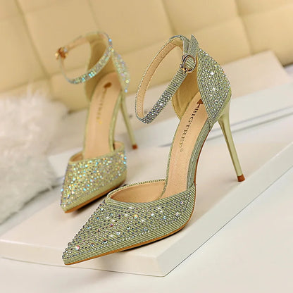 Women High Heel Shoes for Wedding, parties-Korean Version Shiny Rhinestones