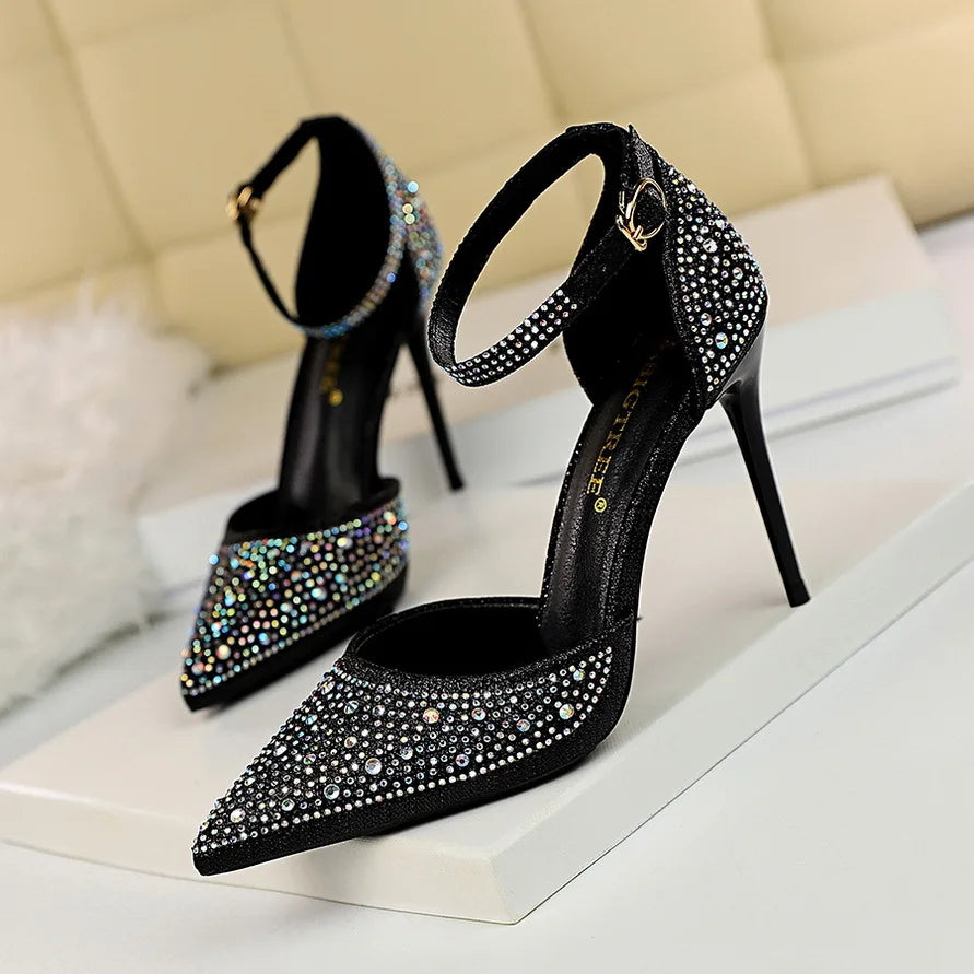 Women High Heel Shoes for Wedding, parties-Korean Version Shiny Rhinestones